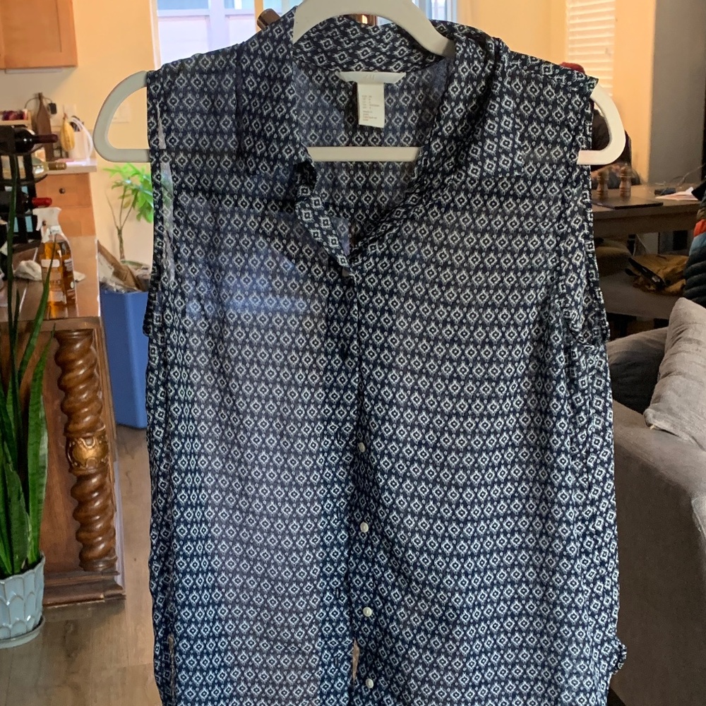 Blue and White button down sleeveless shirt